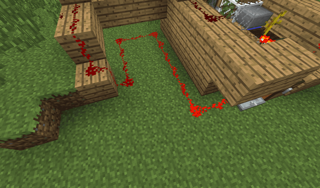 A 15 block long line of Minecraft redstone dust showing signal range
