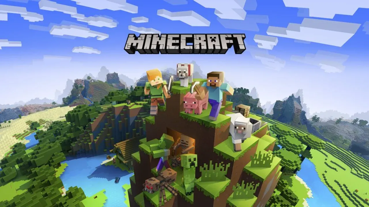 Official Minecraft horizontal key art featuring Steve, Alex, and iconic mobs in a lush blocky biome.