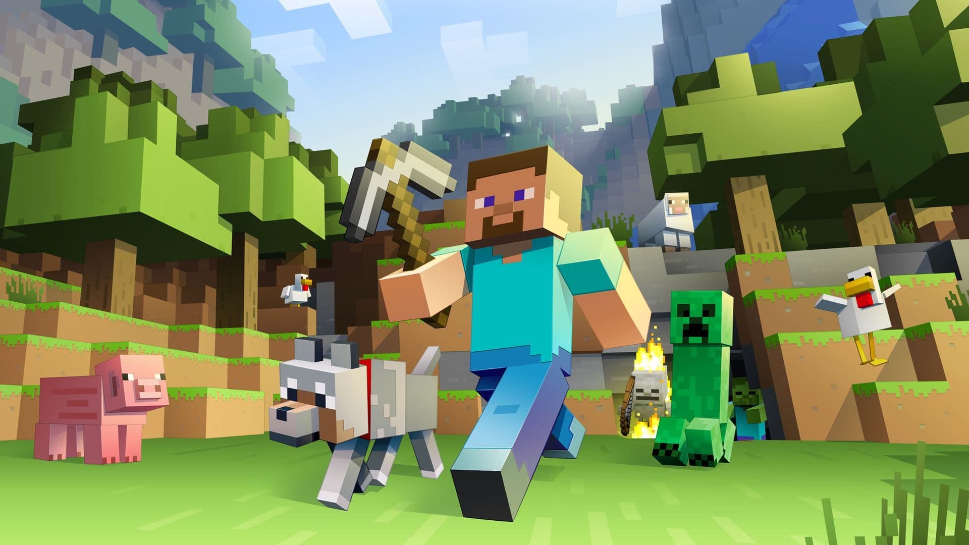 Un personaje de Minecraft con un pico corriendo junto a animales de granja en un paisaje de estilo supervivencia.