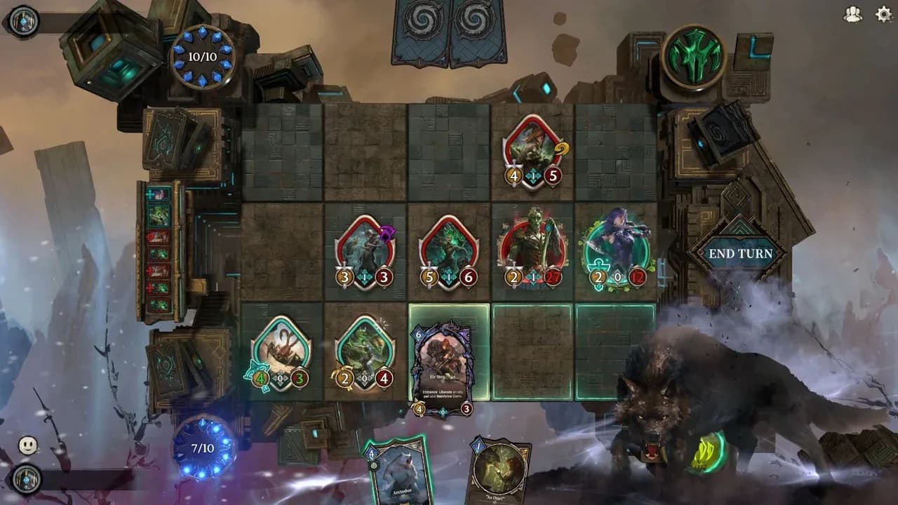 A digital card game match in Mistbound showing character cards and tactical unit placement on a misty battlefield.