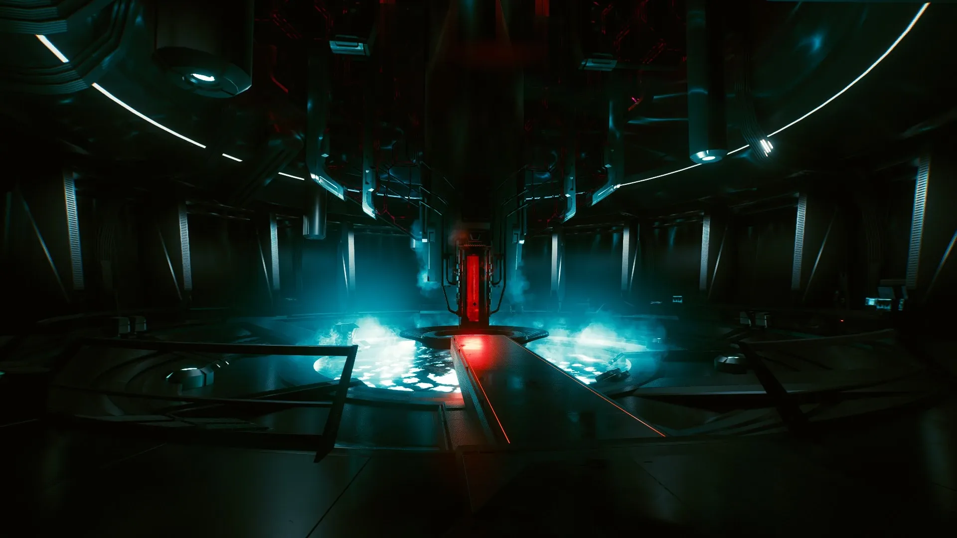 The Mikoshi core chamber, a red data column rising out of a glowing blue pool, in Cyberpunk 2077
