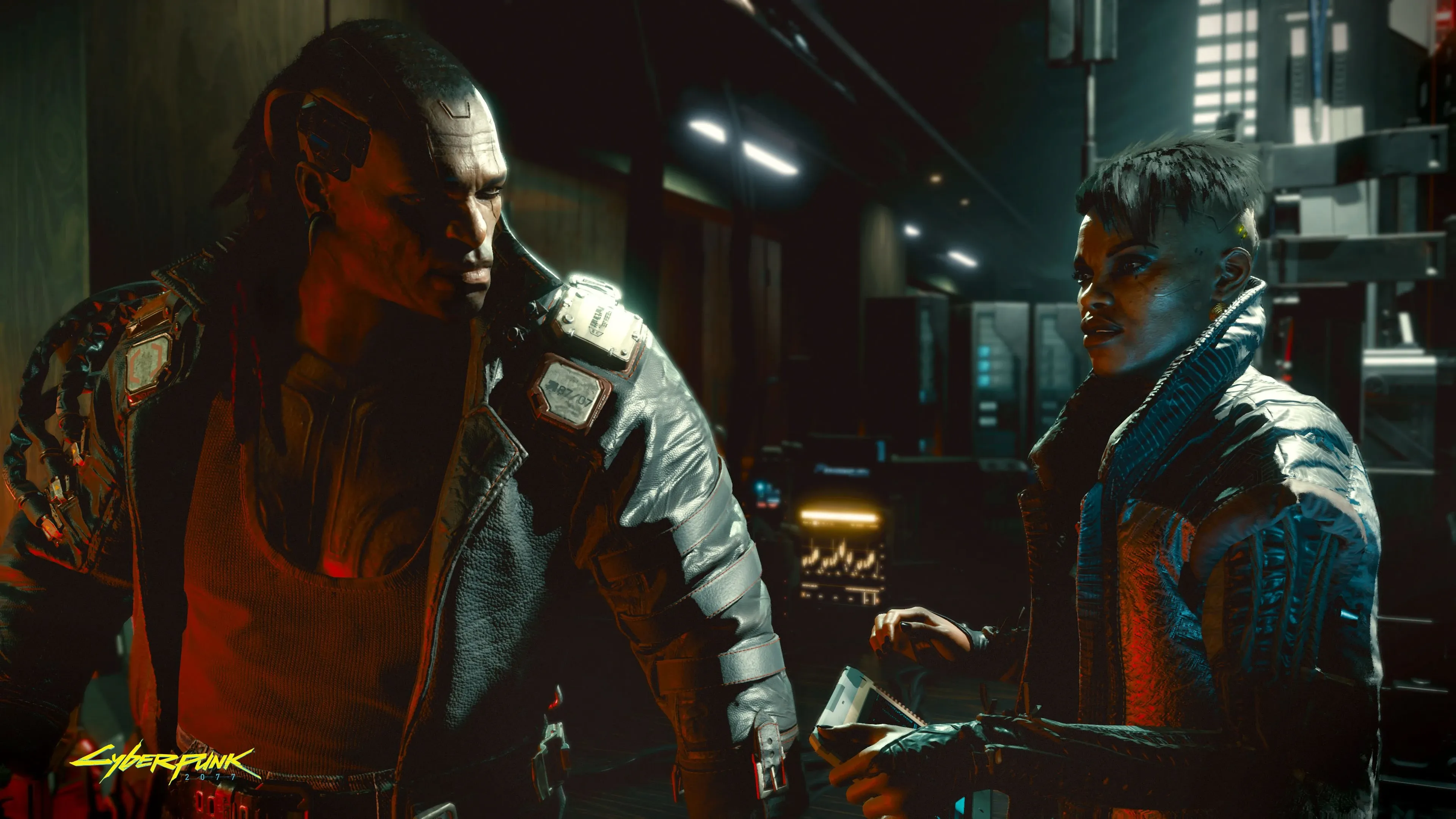 Placide and Maman Brigitte, the Voodoo Boys' second-in-command and leader, in their Pacifica netrunning den in Cyberpunk 2077