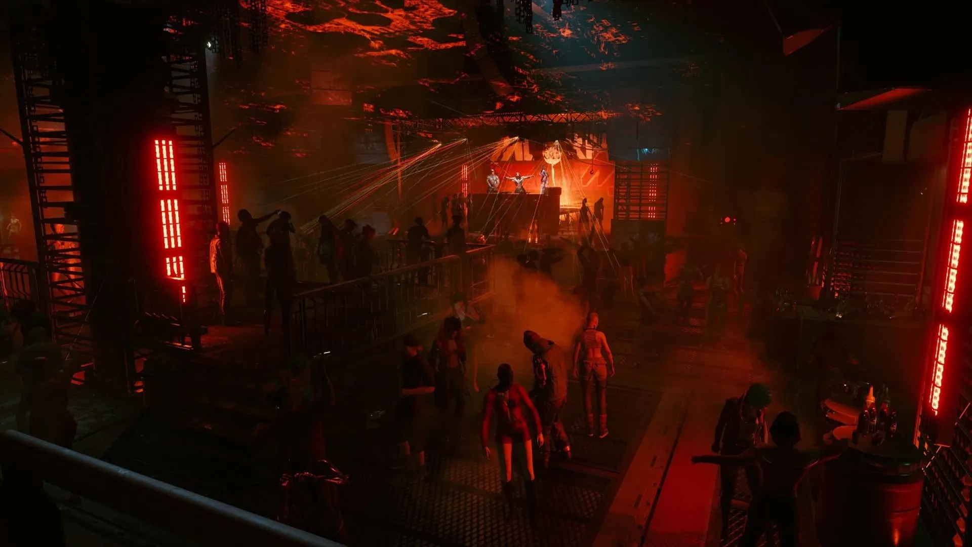 The crowded, red-lit interior of the Totentanz club, Maelstrom's headquarters in Watson, in Cyberpunk 2077