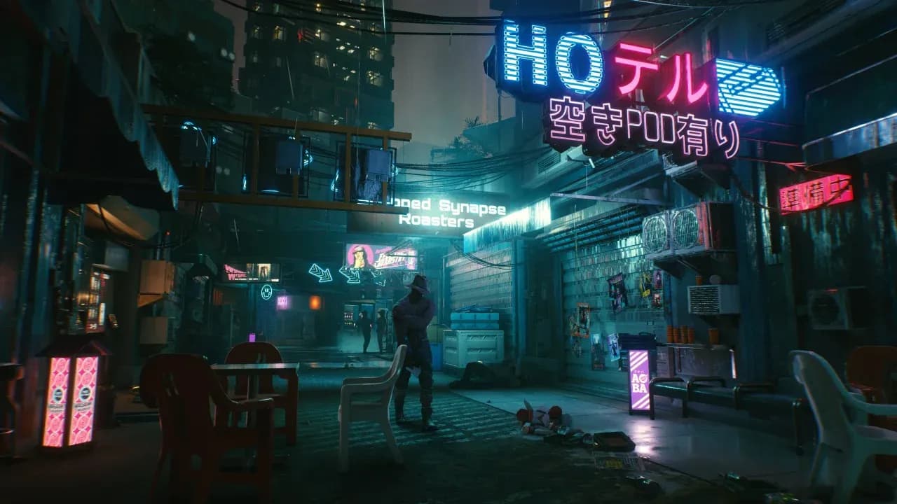 A neon-lit Night City back alley at night, with a body on the ground and a lone figure standing over it, in Cyberpunk 2077