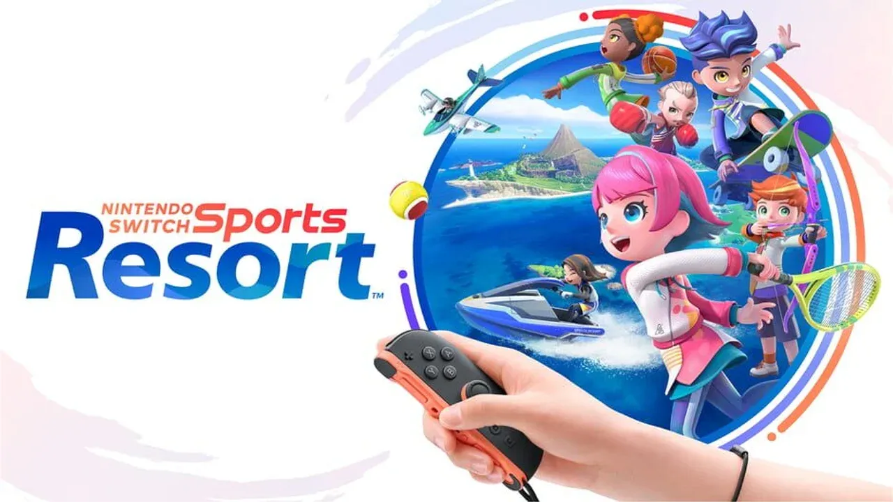 Vibrant official artwork for Nintendo Switch Sports Resort featuring various sports and the scenic Wuhu Island.
