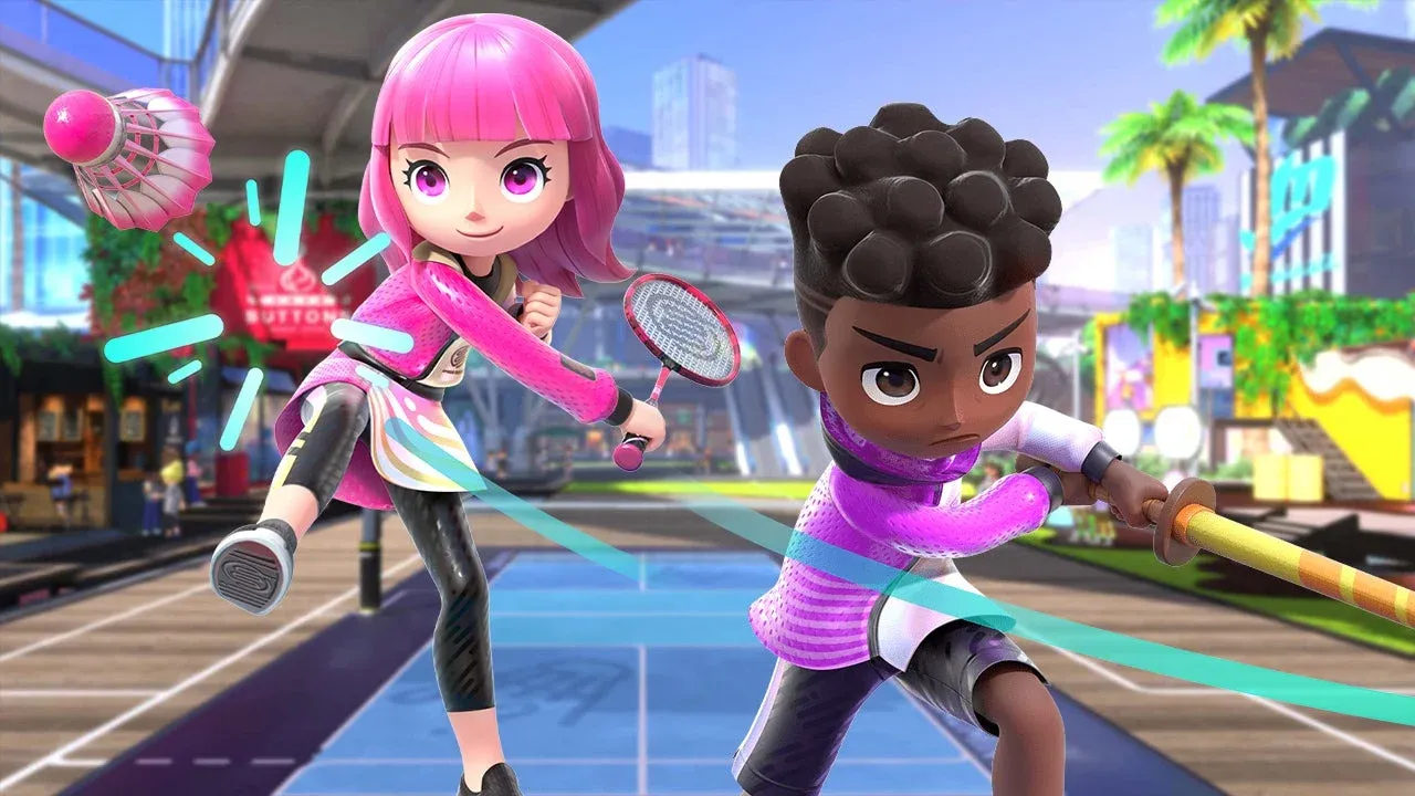 Two characters play a badminton match on a vibrant outdoor court in Nintendo Switch Sports.