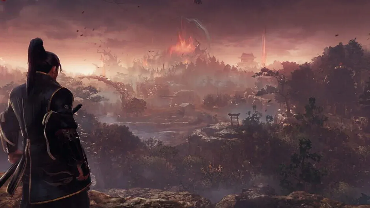 Official Nioh 3 Hell Rising artwork featuring a samurai warrior standing against a fiery demonic backdrop.