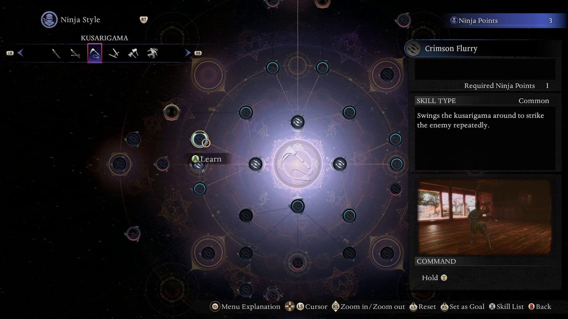 The Nioh 3 Ninja skill tree menu showing various unlockable abilities and character progression paths.