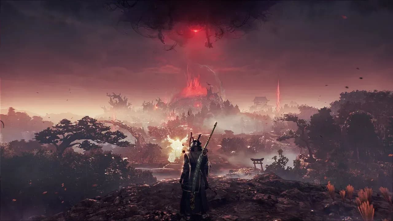 A Nioh 3 samurai protagonist stands on a cliffside overlooking the vast and detailed open world landscape.