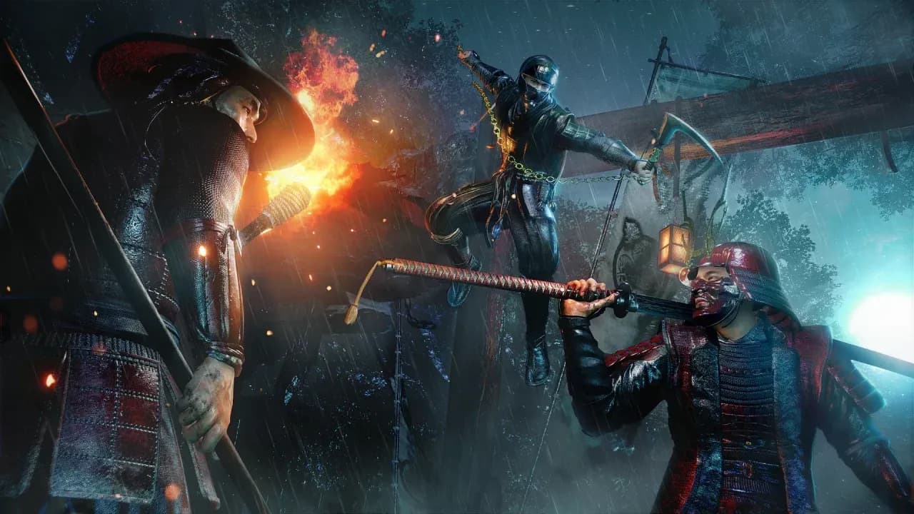 A Nioh 3 protagonist performs a stealthy ninja attack on human enemies during a time-traveling mission.