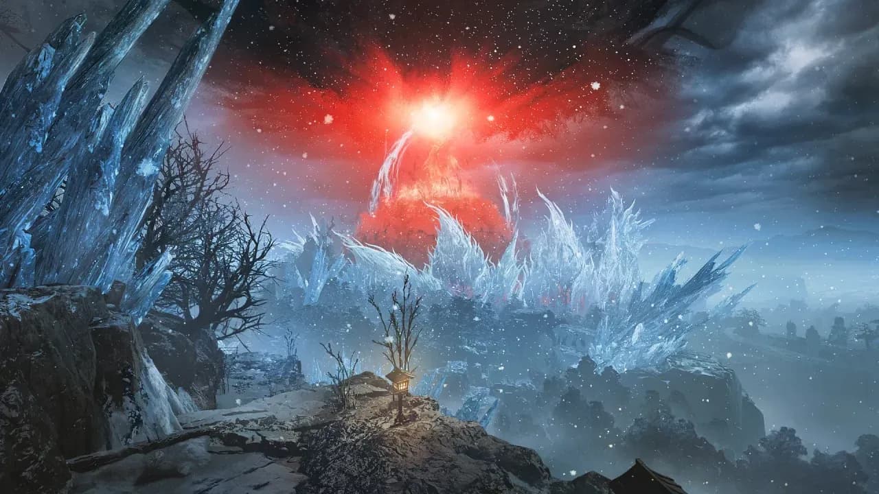The icy zone in Nioh 3 showcases complex environmental textures and a menacing red crucible.