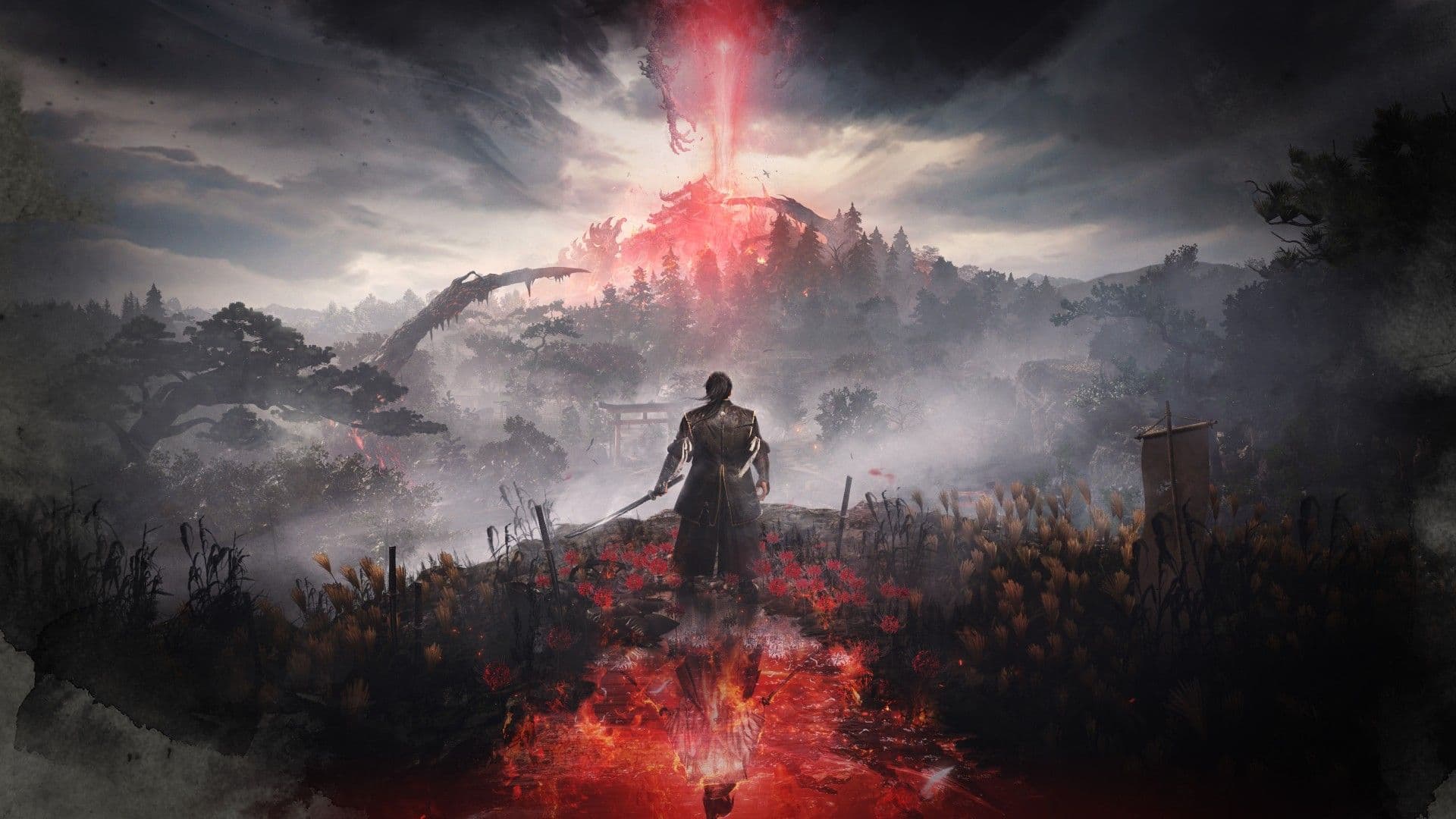 A lone warrior stands in a misty lush landscape with a volcanic mountain in Nioh 3