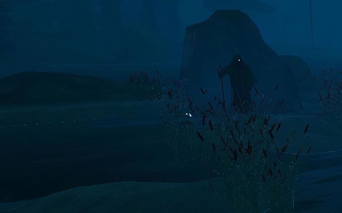 A hooded, one-eyed figure watches from a misty Valheim landscape.