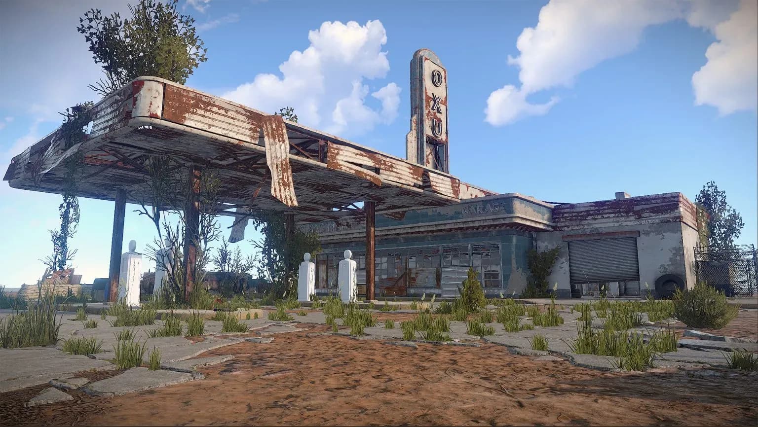 Oxum’s Gas Station exterior with its rusted canopy, garage, and forecourt