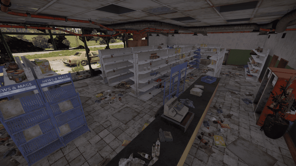 Interior of Rust’s Abandoned Supermarket with aisles, food shelves, and a checkout counter