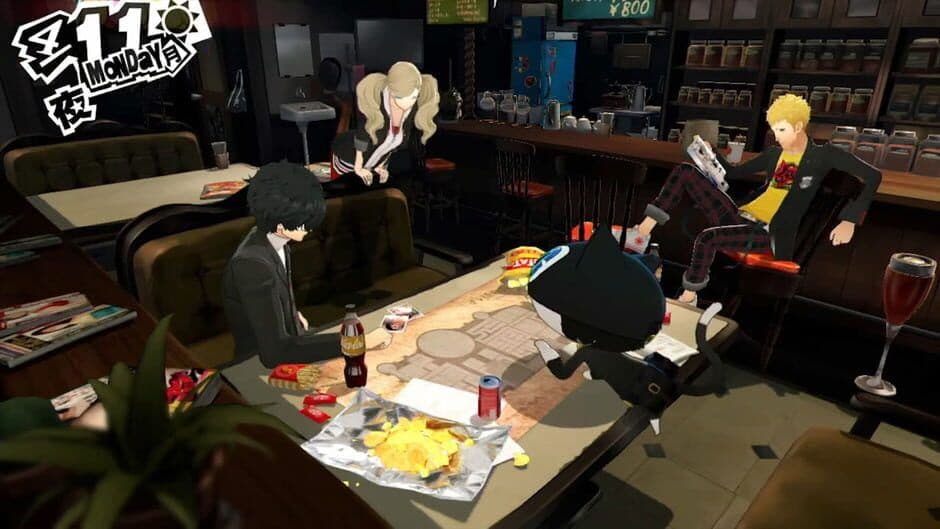 Captura de pantalla oficial de Persona 5 que muestra el estilo artístico de sombreado plano (cel-shaded) único del juego y los diseños de personajes.