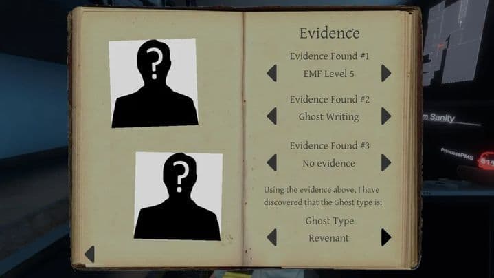 Un jugador de Phasmophobia usa el libro de pruebas para identificar el tipo de fantasma basándose en rasgos procedimentales.