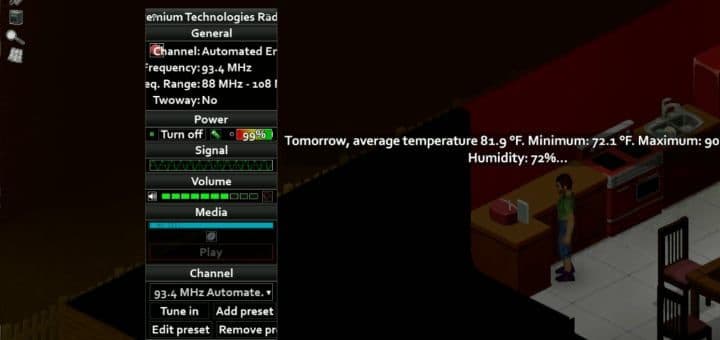 Project Zomboid radio tuned to the Automated Emergency Broadcast System with a weather forecast on screen.
