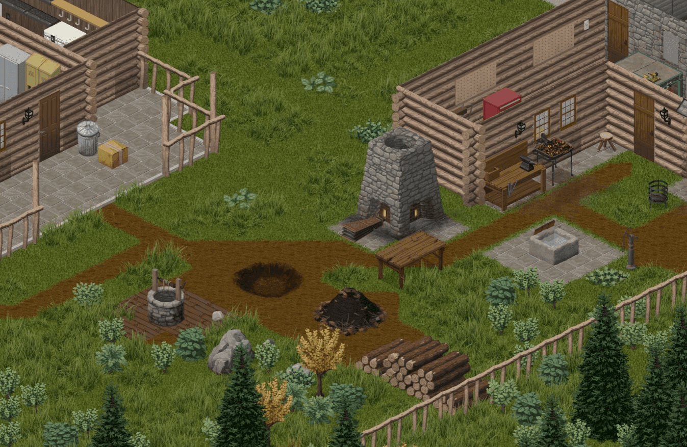 Stone furnace and bellows staged together at a Project Zomboid base