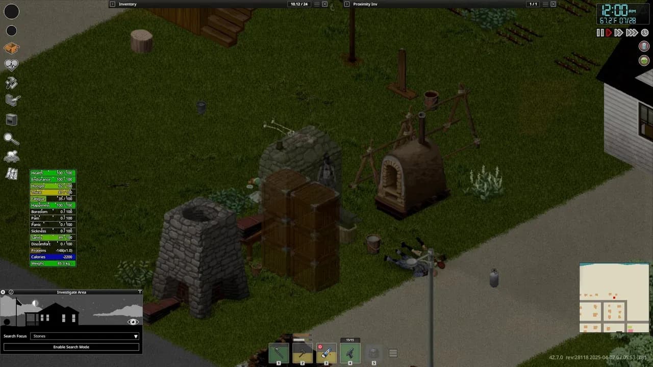 Project Zomboid survivor standing beside a complete outdoor forge and furnace setup