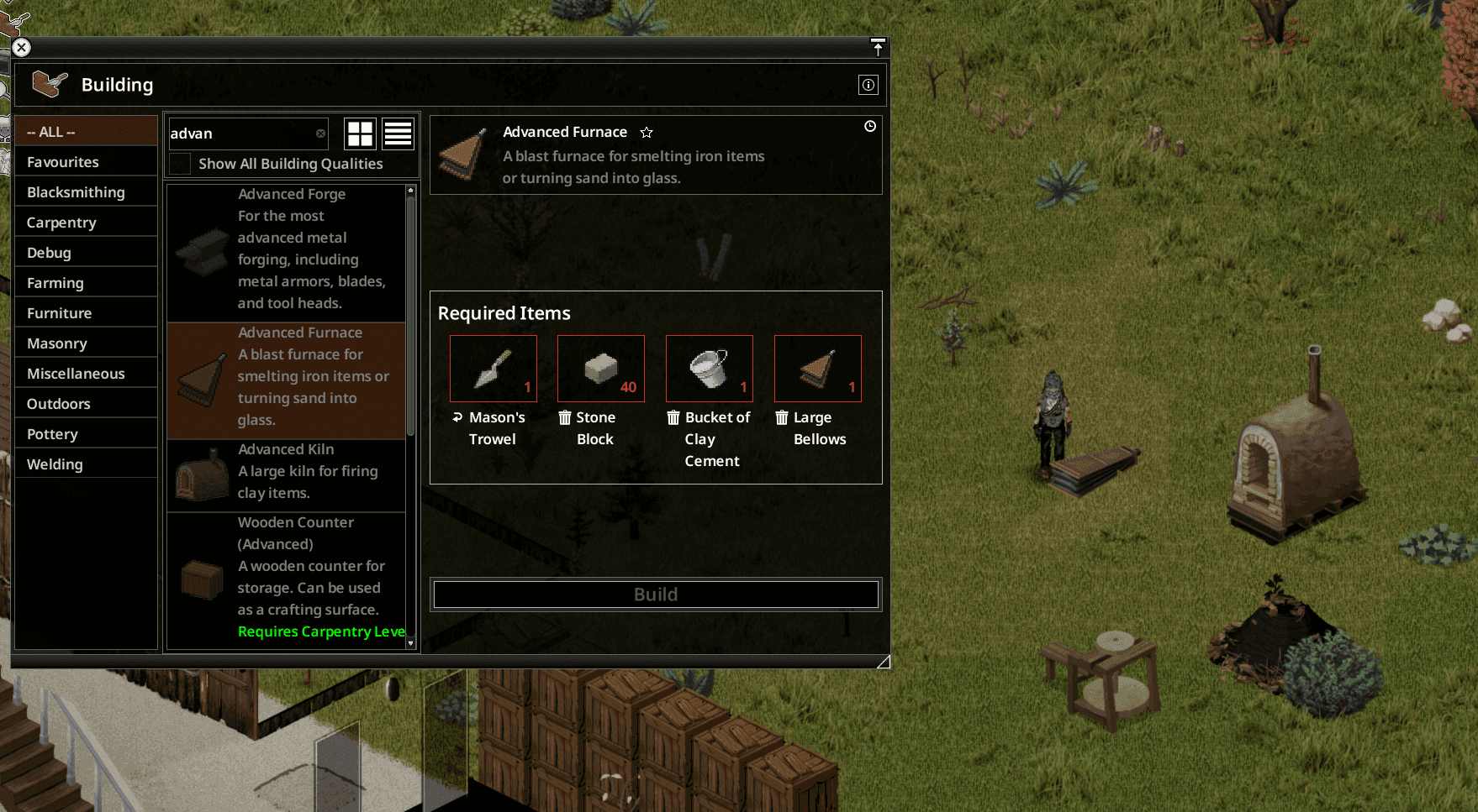 Project Zomboid construction menu showing Stone Blocks, Clay Cement, and Large Bellows