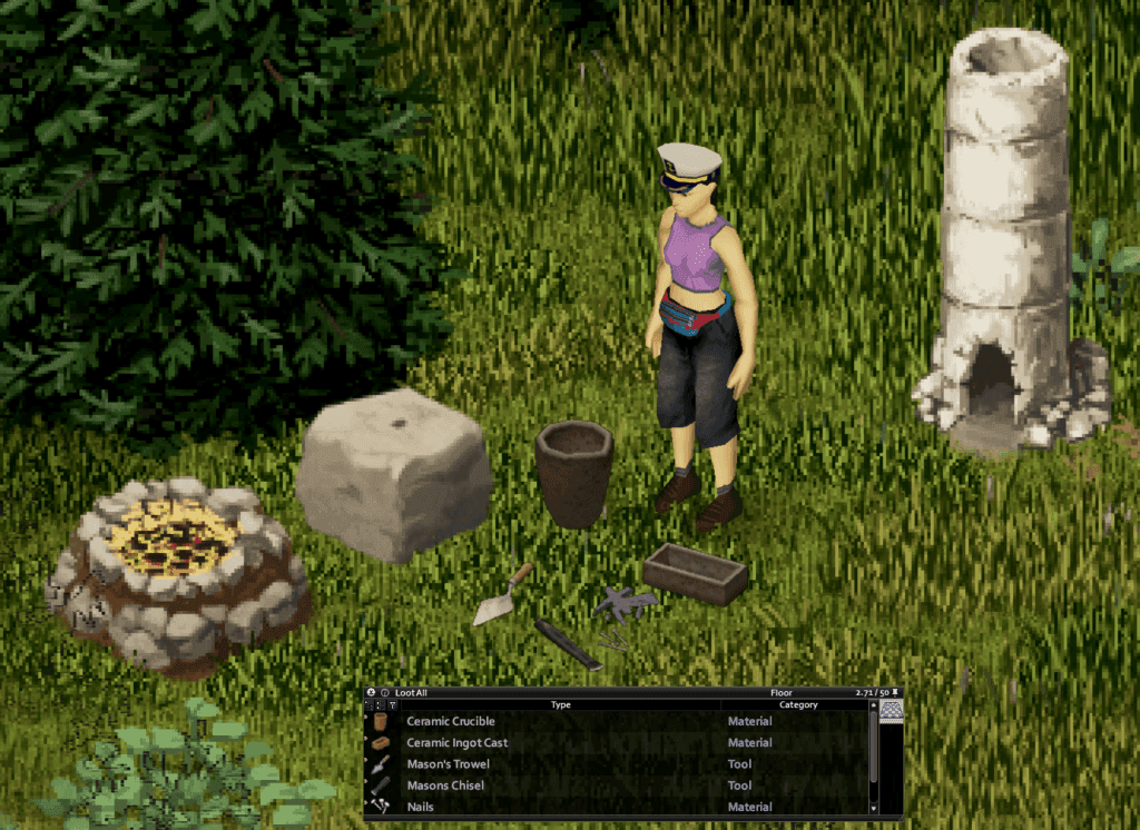 A Project Zomboid Build 42 survivor next to a primitive furnace, fire, stone anvil, and early blacksmithing tools.