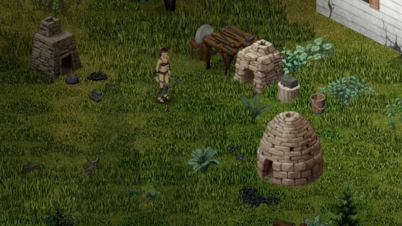 A Project Zomboid survivor beside a complete Build 42 blacksmithing workshop with furnaces, anvils, tools, and charcoal stations.