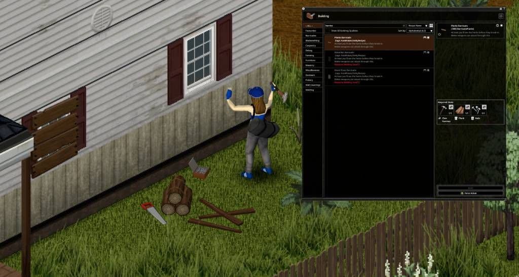 Project Zomboid Build 42 building menu beside a player-built house