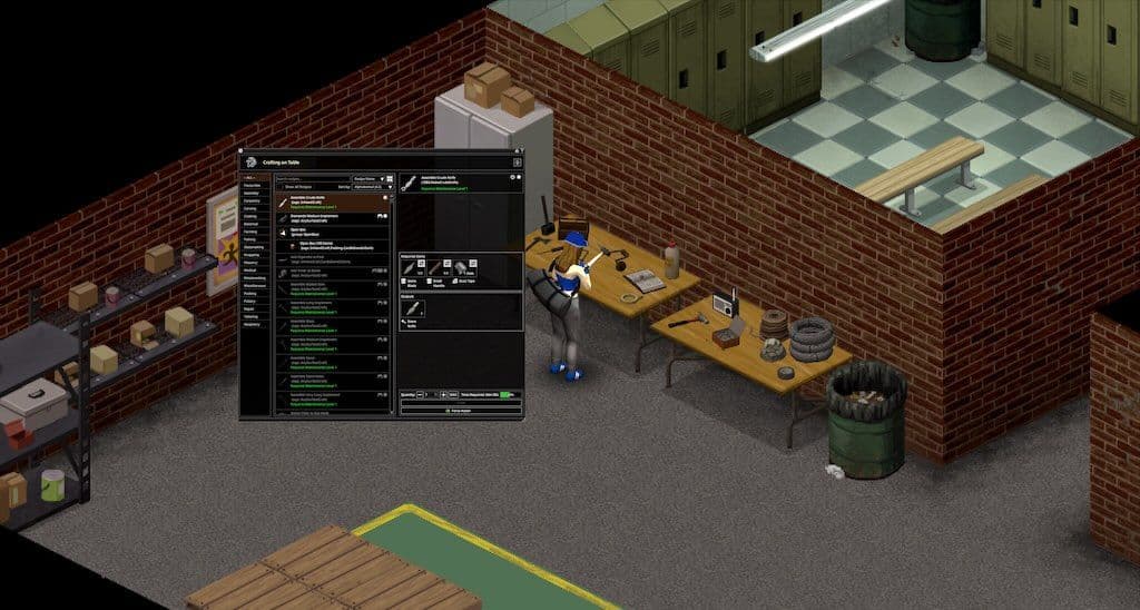 Project Zomboid Build 42 crafting workspace inside a brick room