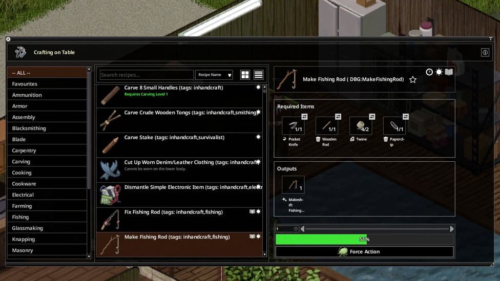 Project Zomboid crafting menu showing the Make Fishing Rod recipe and its line and hook requirements.