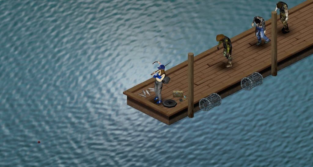 Project Zomboid Build 42 dock showing a survivor fishing, fish on the dock, and multiple fishing nets in the water.