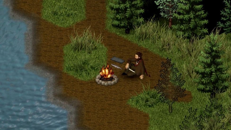 Project Zomboid survivor cooking beside a campfire at a forest shoreline.