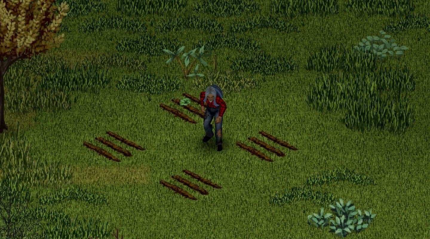 Project Zomboid survivor tending a small vegetable farm in a grassy field.