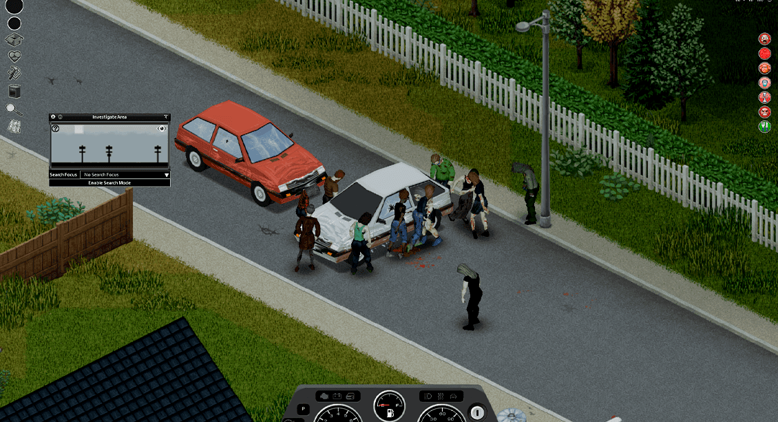 Project Zomboid survivor using Investigate Area search mode beside a road.