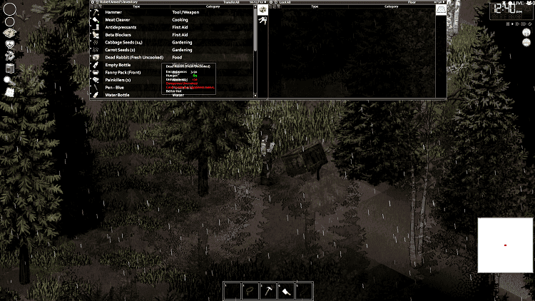 Project Zomboid survivor checking a forest trap with a dead rabbit in the inventory.
