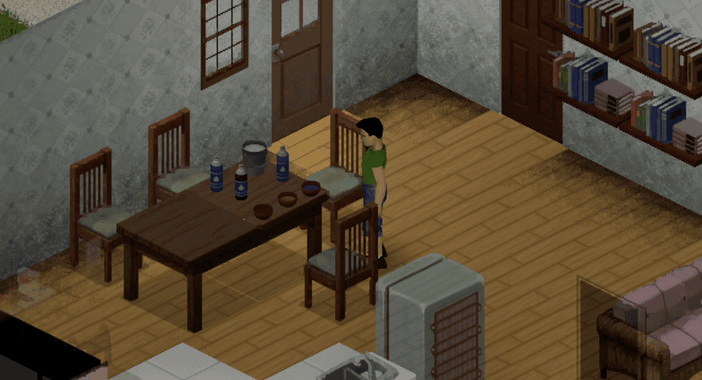Project Zomboid Build 42 survivor beside containers of different colored liquids on a table.
