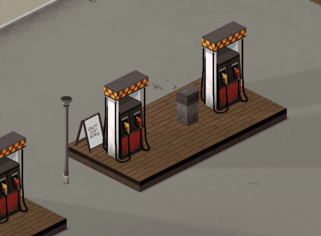 A Project Zomboid gas pump island with an out-of-gas sign propped beside one pump while a second pump stands unmarked