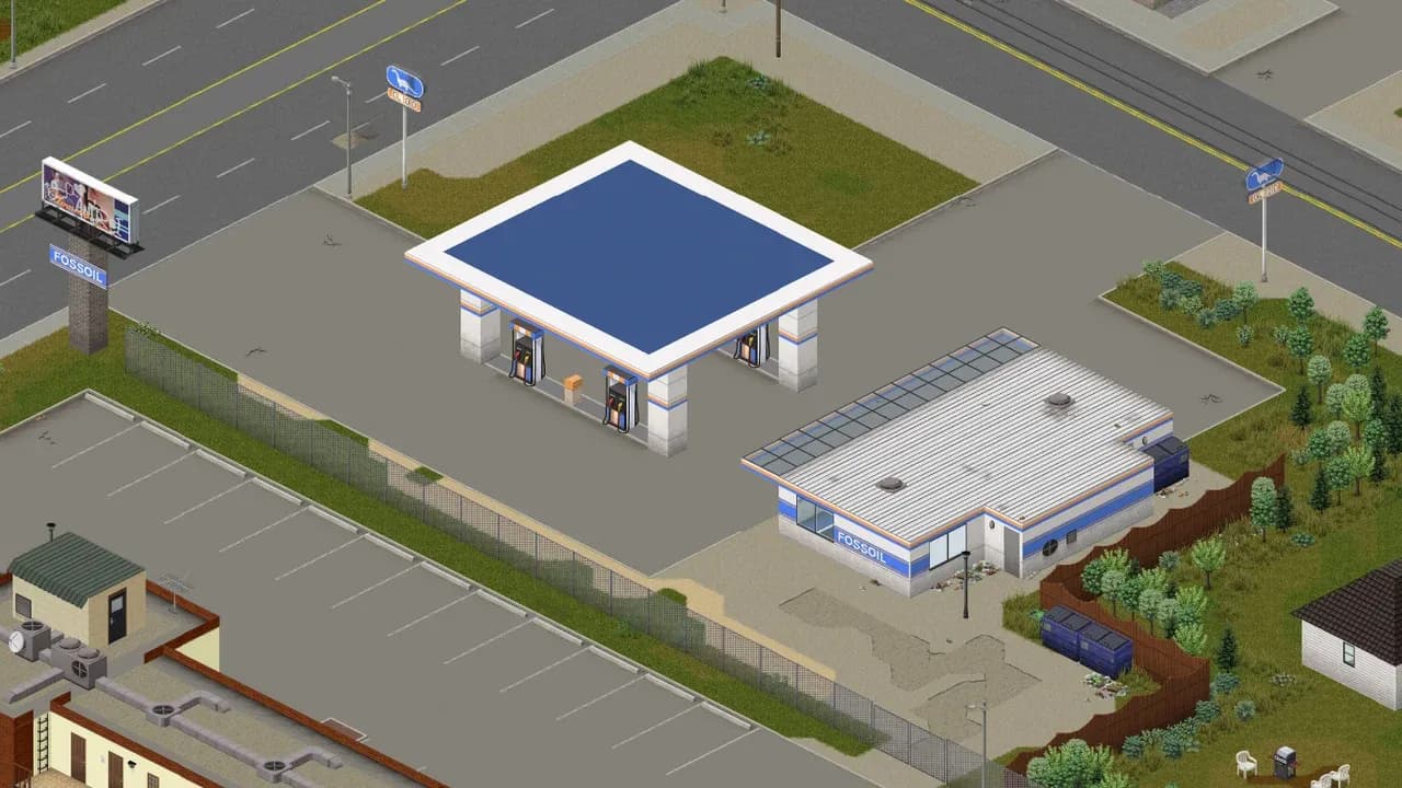 A Fossoil gas station in Muldraugh in Project Zomboid, with its pump island under a blue canopy and the convenience store beside it