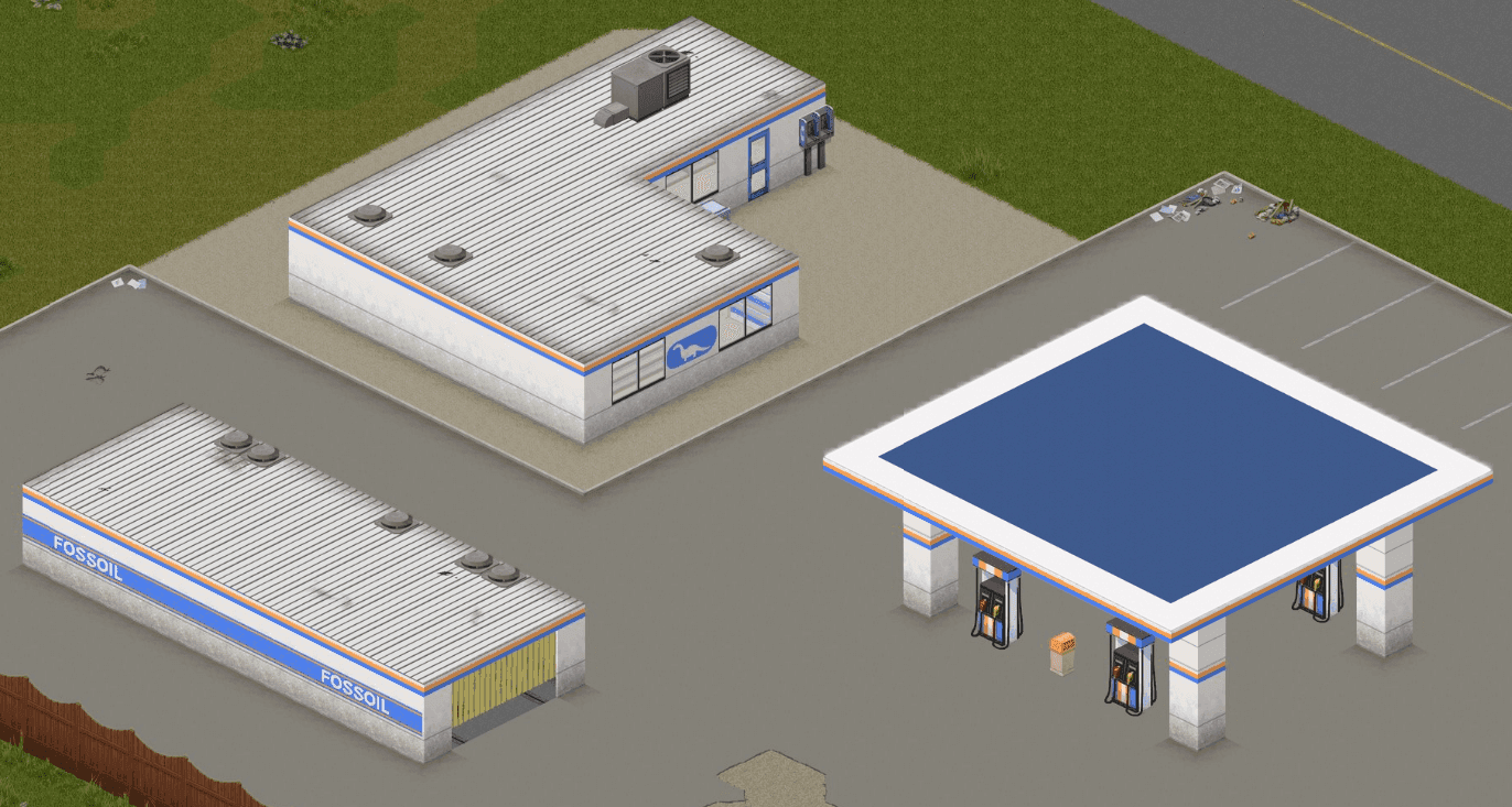 A Fossoil station in Riverside in Project Zomboid with zombies standing near the store beside the pump island