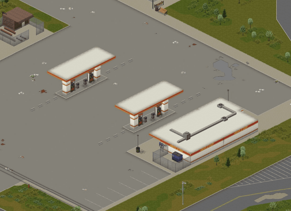 A Gas 2 Go station in Project Zomboid with two separate pump islands on the forecourt and the convenience store set apart at the edge
