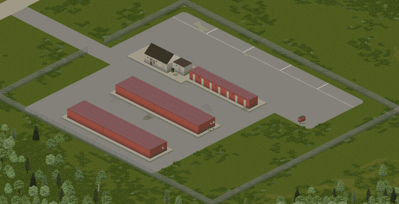 A self storage lot in Project Zomboid, rows of individual garage-door units facing an open parking area