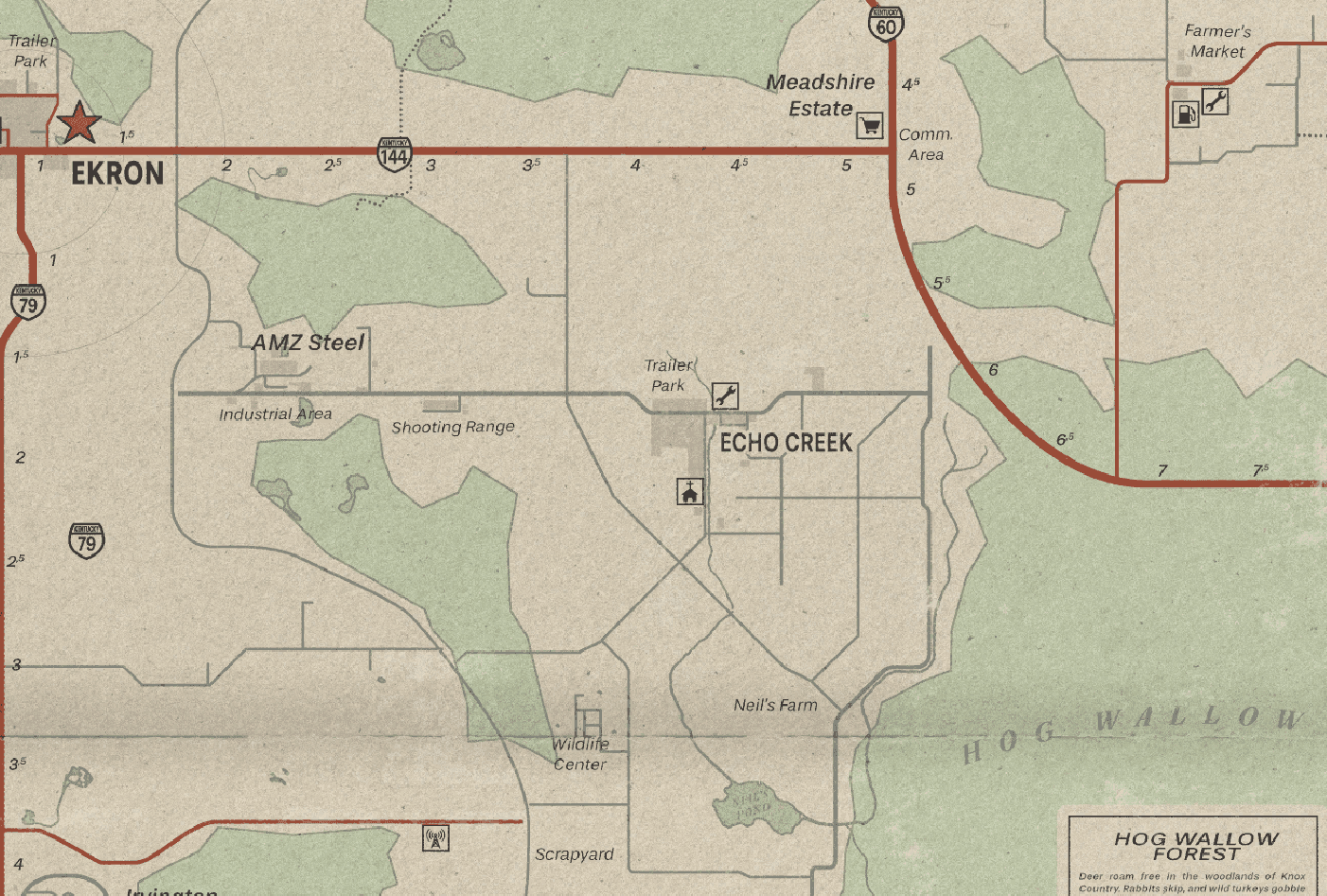 The in-game paper map of the Echo Creek area of Knox Country in Project Zomboid, showing Kentucky 60 and the surrounding forest