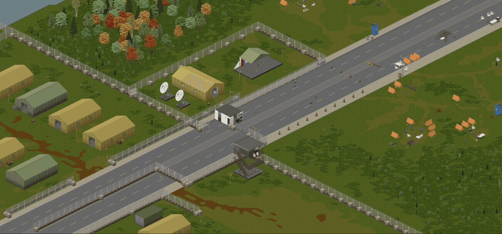 The Louisville border camp army checkpoint in Project Zomboid, with tents, fencing and a guard tower straddling the highway