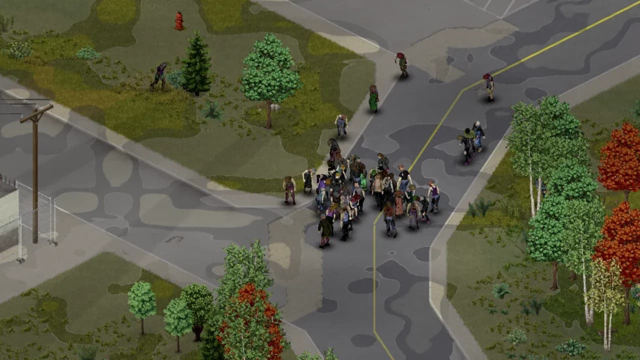 A crowd of zombies migrating down a road intersection in Project Zomboid during the helicopter event