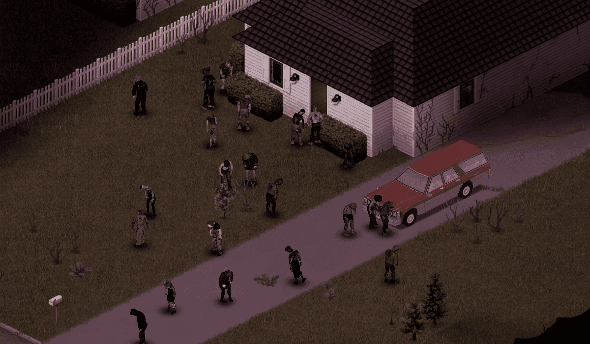 Zombies loitering in the front yard and driveway of a suburban house in Project Zomboid