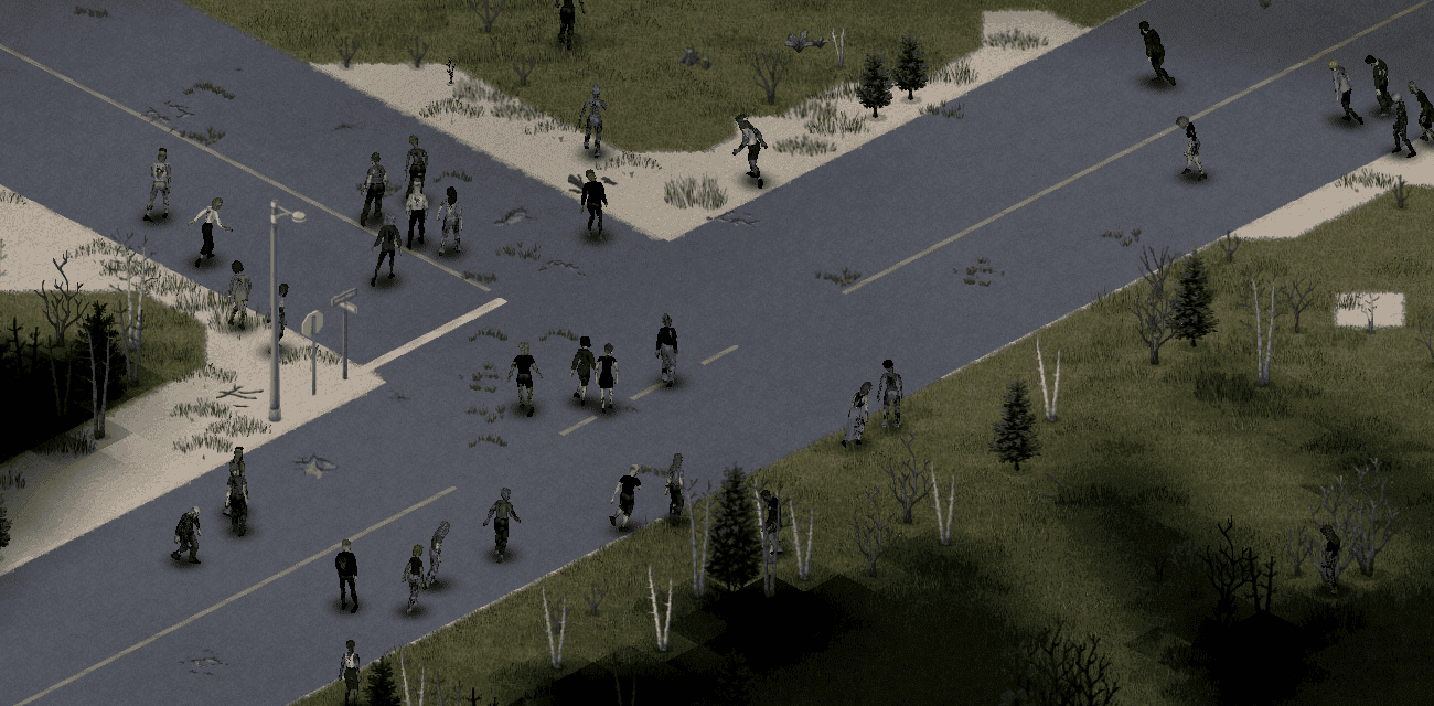 A large group of zombies moving along the roads of a wide intersection in Project Zomboid
