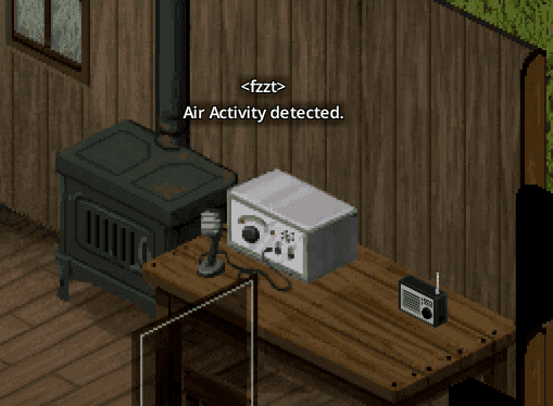 A Project Zomboid ham radio on a wooden table displaying the message Air Activity detected