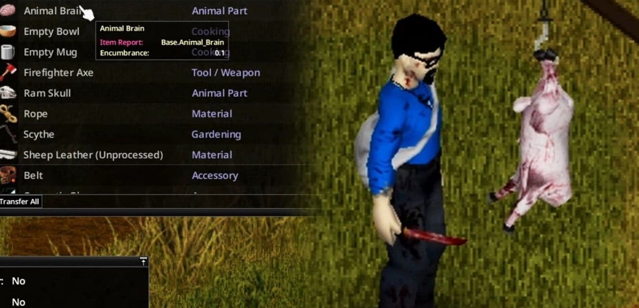 A Project Zomboid survivor processes an animal beside a butchered carcass