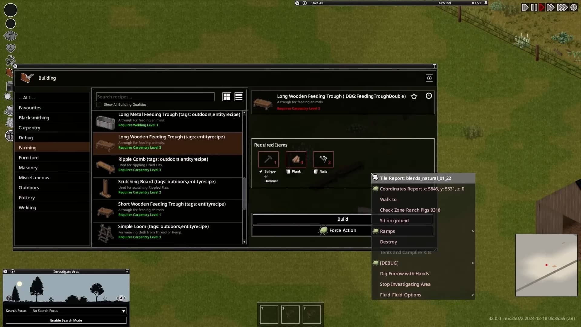 Project Zomboid Build 42 farming menu showing a wooden feeding trough recipe