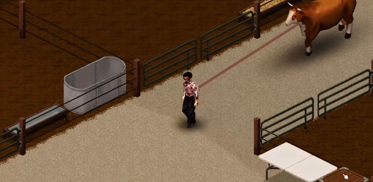 A Project Zomboid survivor walks beside a cow, trough, and fenced livestock pen